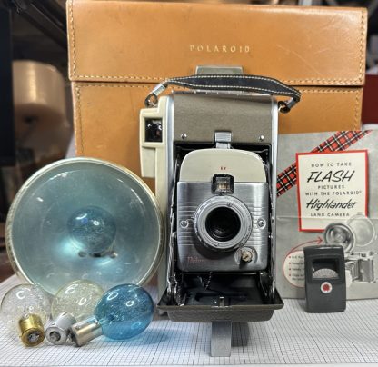 Vintage Polaroid Land Camera Model 80a w/ flash, bulbs, light meter, case and booklet