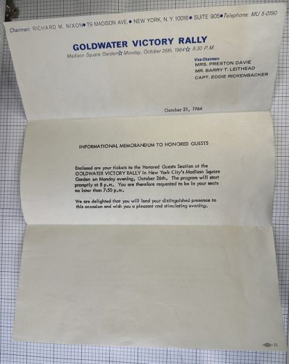 Vintage 1964 Barry Goldwater Victory Rally - Letter & Ticket - Image 5
