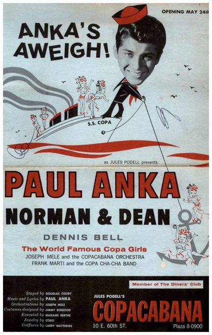 Vintage Copacabana  Paul Anka, Norman & Dean Flyer 1960's