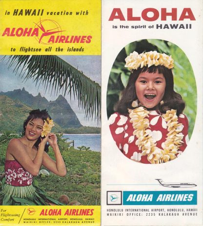 Vintage 1960 Lot of 2 Aloha Airlines brochure w/ illustrated map of Hawaii