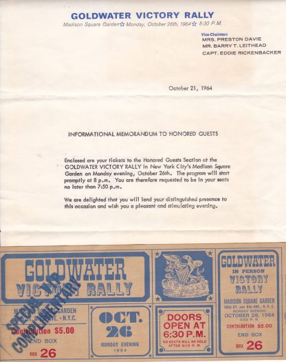 Vintage 1964 Barry Goldwater Victory Rally - Letter & Ticket