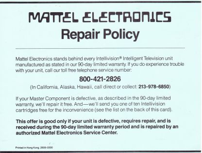 Vintage 1978 Intellivision Master Component Manual & Repair Card - FREE DOWNLOAD! - Image 2