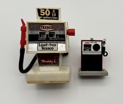 Set of 2 Vintage Mid-70's & 80's Toy Gas Pumps - Buddy L TEXACO and TOMY Pocket  Cars Wind-Up World - both WORKING!