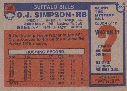 1976 Topps #300 O.J. Simpson - Image 2