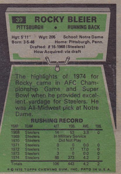 1975 Topps #39 Rocky Bleier Rookie Card - Image 2