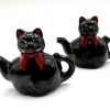 Vintage Japan Black Cat Teapot Ceramic Salt & Pepper Shakers with Stoppers - Redware