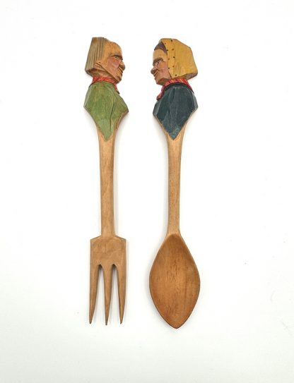 Vintage R. Audet Hand Carved Wooden Spoon & Fork Set - Quebec Canada