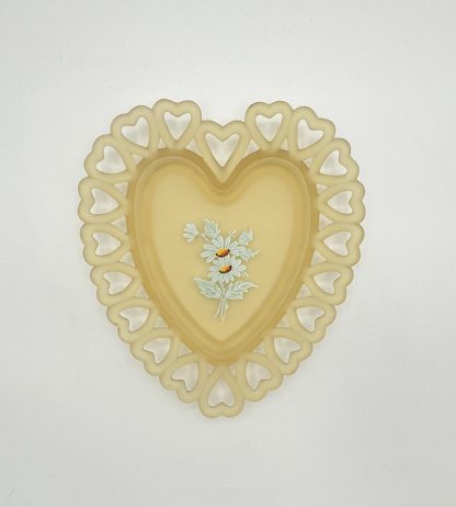Vintage Westmoreland Yellow Satin Glass Heart Dish - Hand Painted Daisies - Granny Core Charm