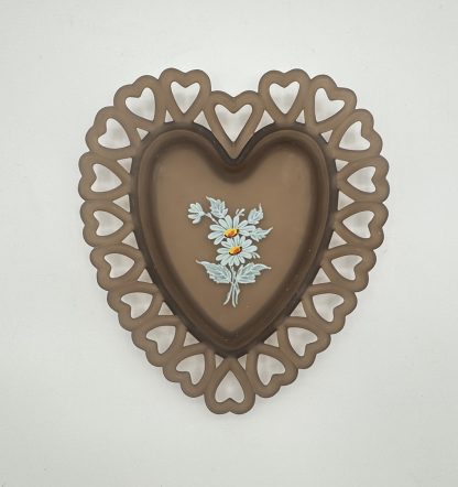 Vintage Westmoreland Brown Satin Glass Heart Dish - Hand Painted Daisies - Granny Core Charm