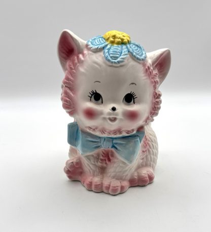 Vintage Lark Japan Ceramic Kitten Planter - Blue Bow Kitty Cat Figurine - 6"