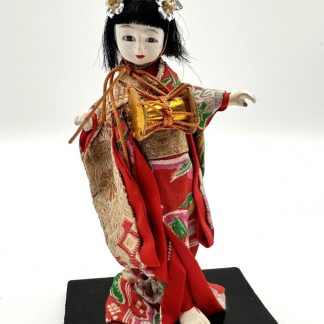 Vintage Geisha Girl Doll – 6 ½” - Japan - Red Kimono - Wood Stand - Souvenir - Collectible