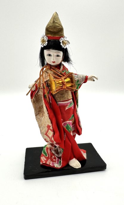 Vintage Geisha Girl Doll – 6 ½” - Japan - Red Kimono - Wood Stand - Souvenir - Collectible