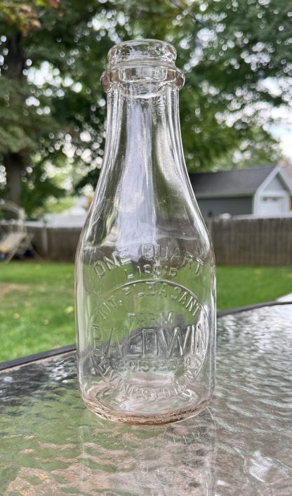 Vintage Mt Pleasant Farm Baldwin Quart Milk Bottle – Embossed Glass, Livingston NJ – Light Brown Hue, Collectible Dairy Bottle