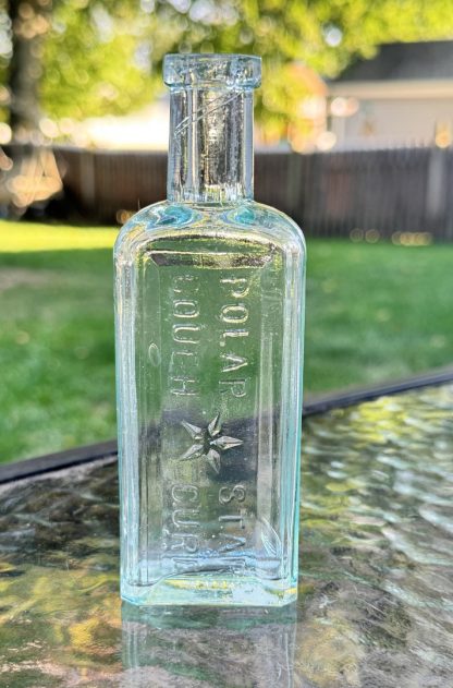 Vintage Polar Star Cough Cure Bottle, Aqua Blue Glass, Embossed Antique Medicine Bottle