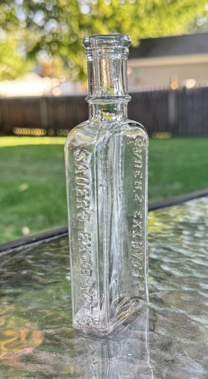 Antique Sauer's Extracts Bottle, Clear Glass, Embossed Vintage Extract Bottle (patten medicine)