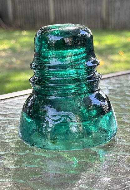 Antique Brookfield Glass Insulator CD 152 –  Hoopskirt - Deep Emerald Green / Aqua w Bubbles Swirl Lines - Image 4