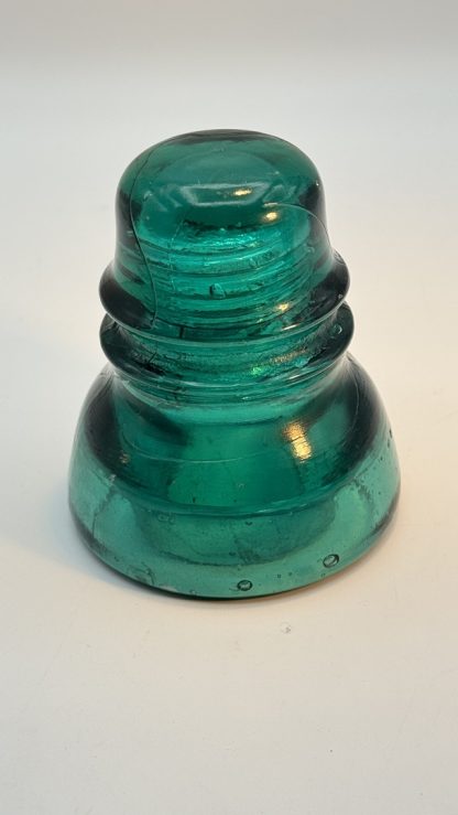Antique Brookfield Glass Insulator CD 152 –  Hoopskirt - Deep Emerald Green / Aqua w Bubbles Swirl Lines - Image 4