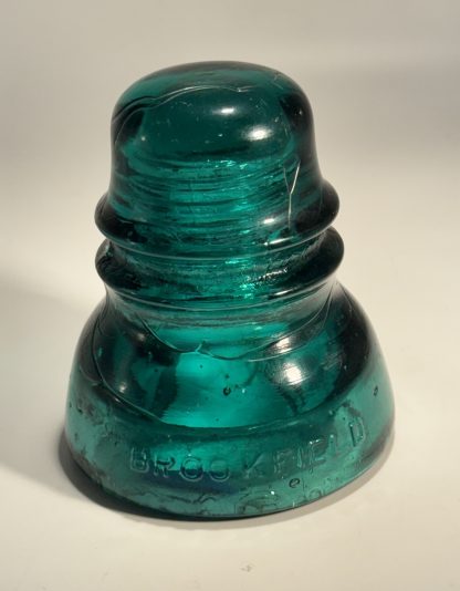 Antique Brookfield Glass Insulator CD 152 –  Hoopskirt - Deep Emerald Green / Aqua w Bubbles Swirl Lines - Image 5