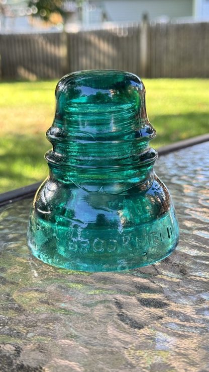 Antique Brookfield Glass Insulator CD 152 –  Hoopskirt - Deep Emerald Green / Aqua w Bubbles Swirl Lines