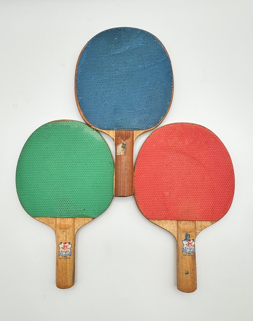 LOT OF 3 - Vintage 1960s Knight 5-Ply Ping Pong Paddles - Blue, Red, Green