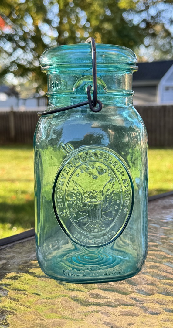 Vintage Ball Ideal Aqua Blue Glass Jar Bicentennial Eagle 1776-1976 Wire Bail Lid