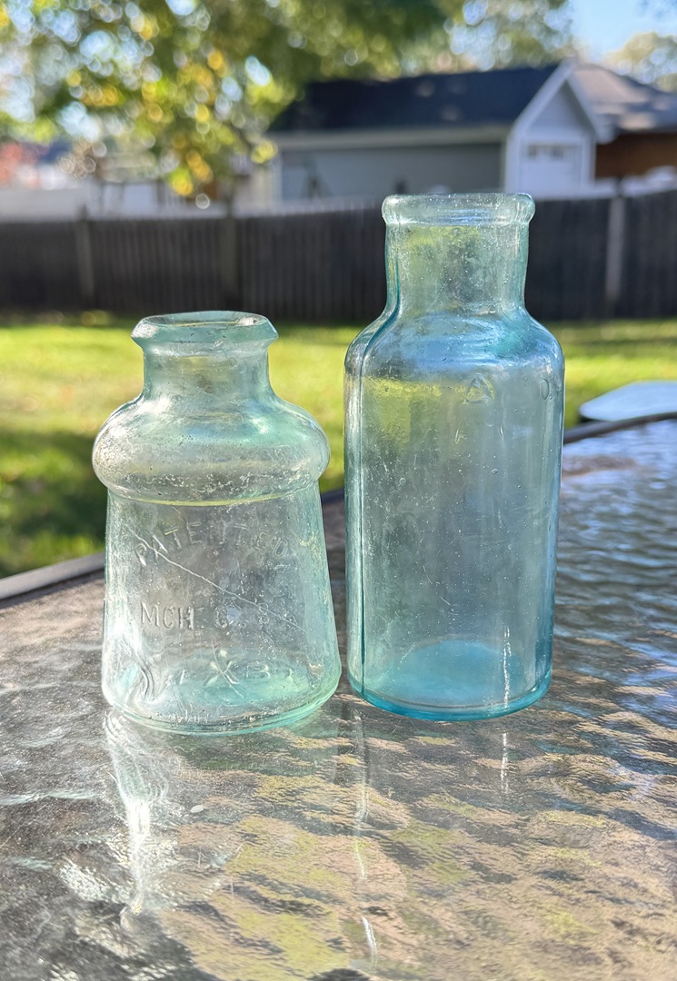 LOT OF 2 - Vintage 1883 S. M. Bixby & Co. Polish Bottle and Aqua Glass Bottle