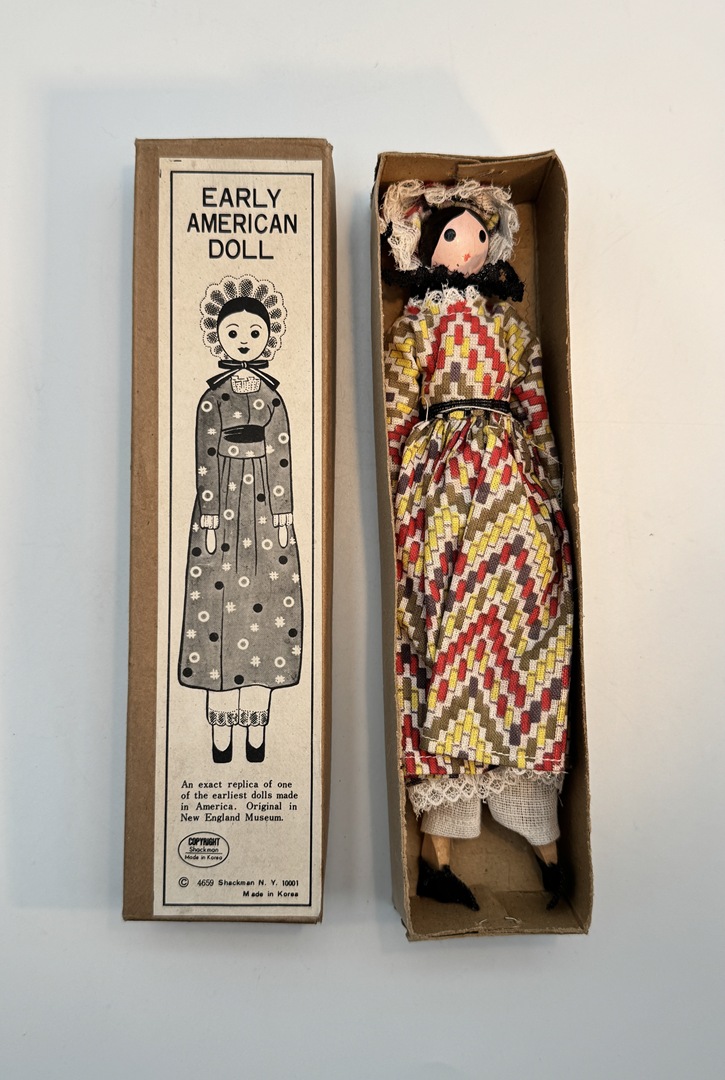 1970s Shackman Early American Doll Replica - Wooden, Cloth, Museum Gift Shop - In Original Box