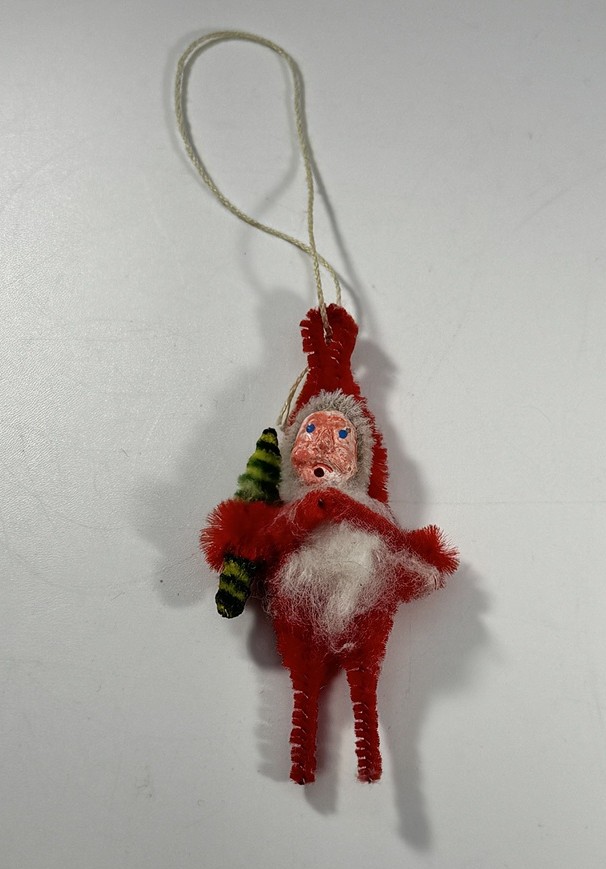 Vintage 1940s Chenille Santa Claus Ornament - Clay Face - Rare Christmas Decor