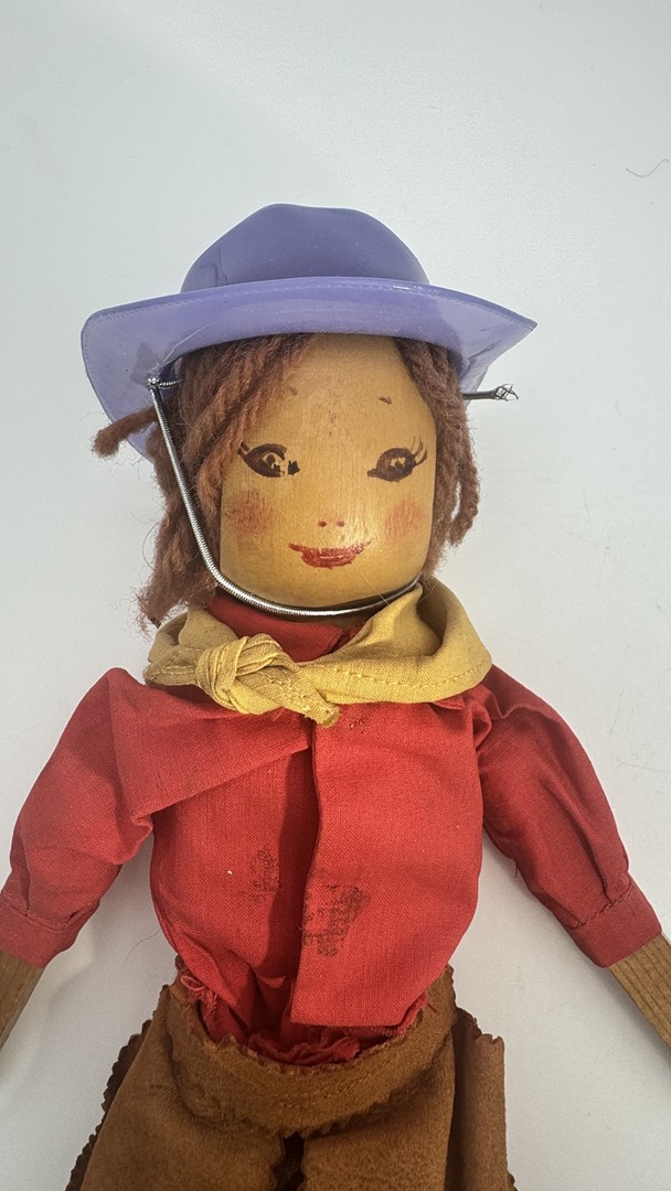 Vintage Hand-Carved Wooden Cowboy Doll - Folk Art 12" Tall - Image 2
