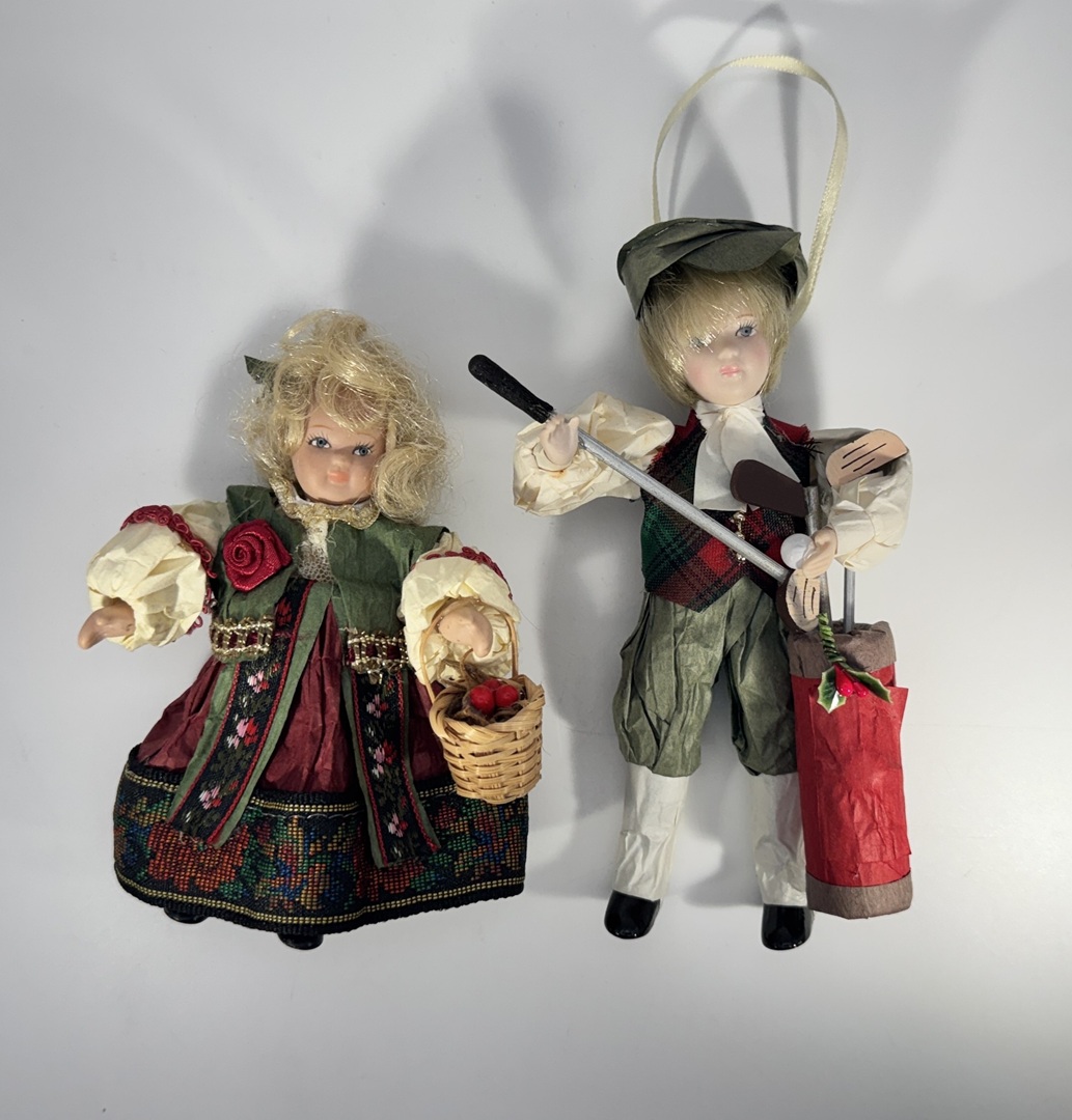 Set of two - Vintage Jocelyn Mostrom Kurt Adler Victorian Christmas Ornaments - Golfer Boy & Victorian Girl - With original box