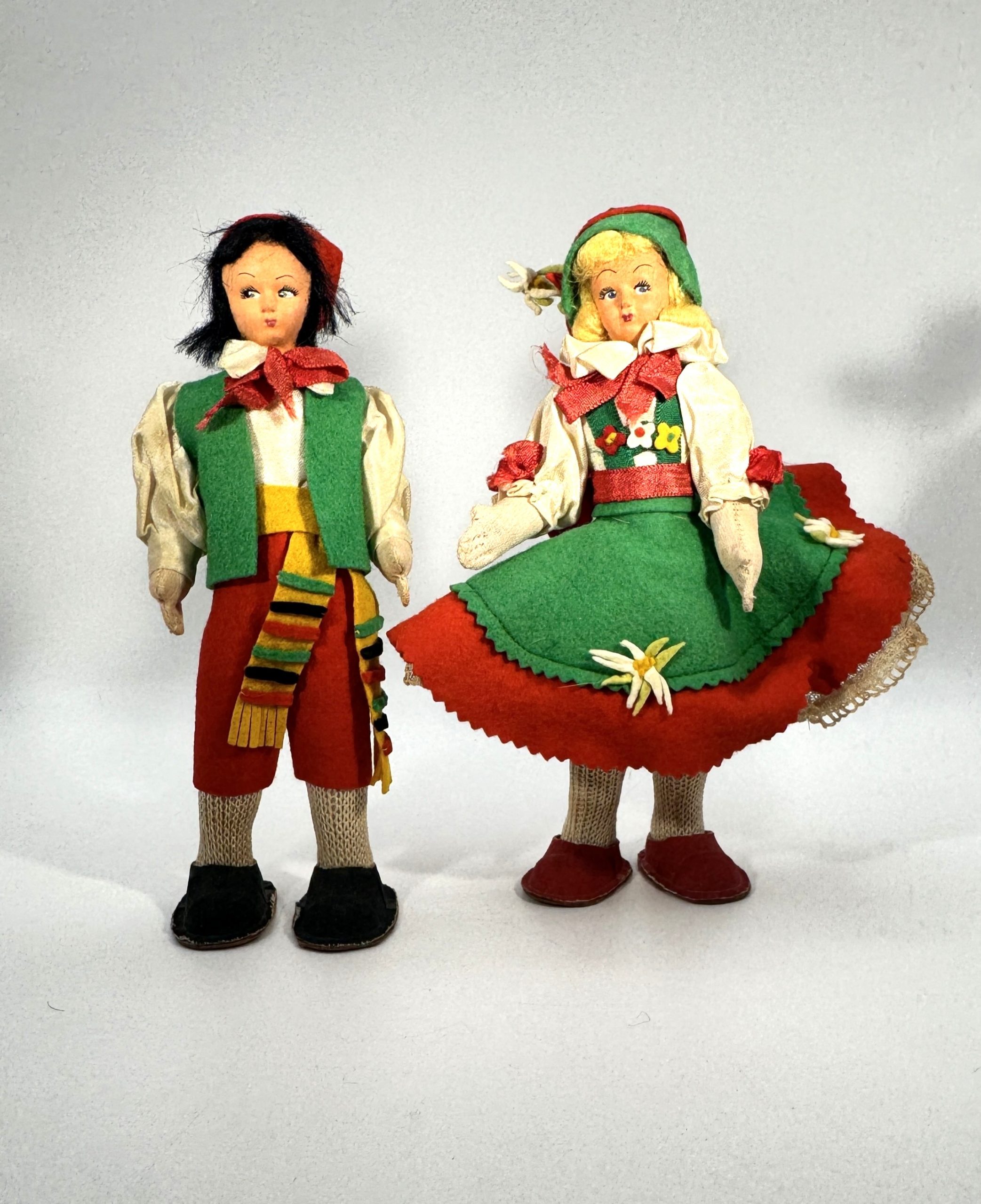 Vintage German Folk Doll Pair • 1950s-1960s • Bavarian Costume • 7.5"
